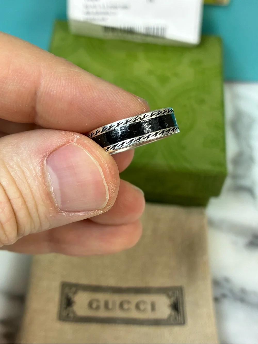 NWT Gucci Silver Metal & Black Enamel Interlocking GG Ring IT Size 14 = 6.75 US